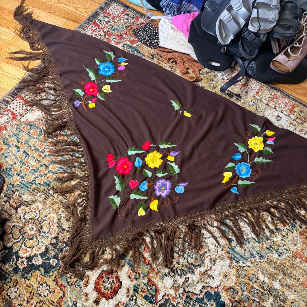 Vintage Brown Floral Embroidered Fringe Shawl